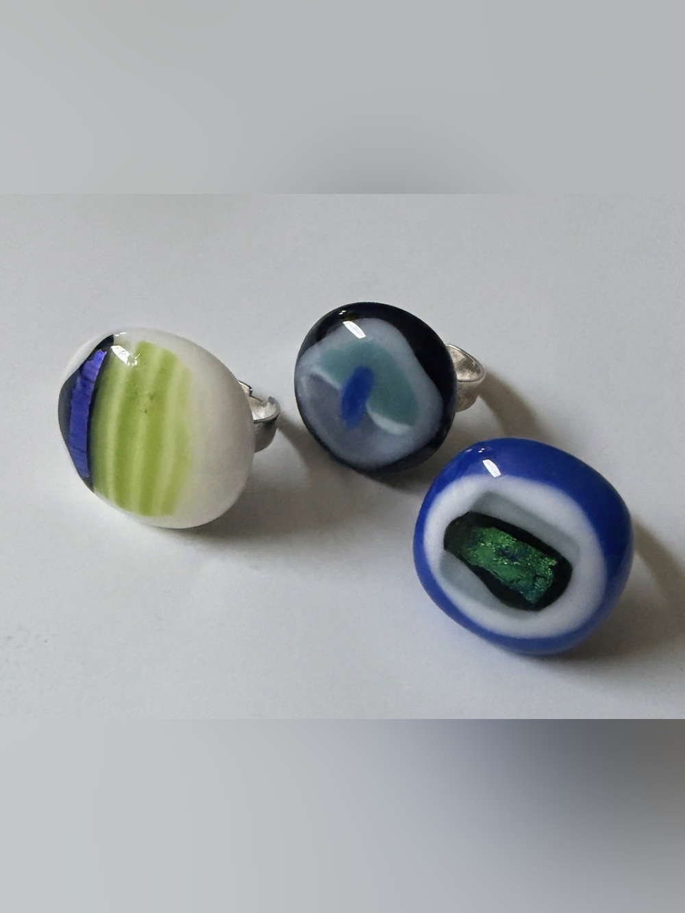 Set of 3 Handmade Glass Statement Ring - Blue, Green & White